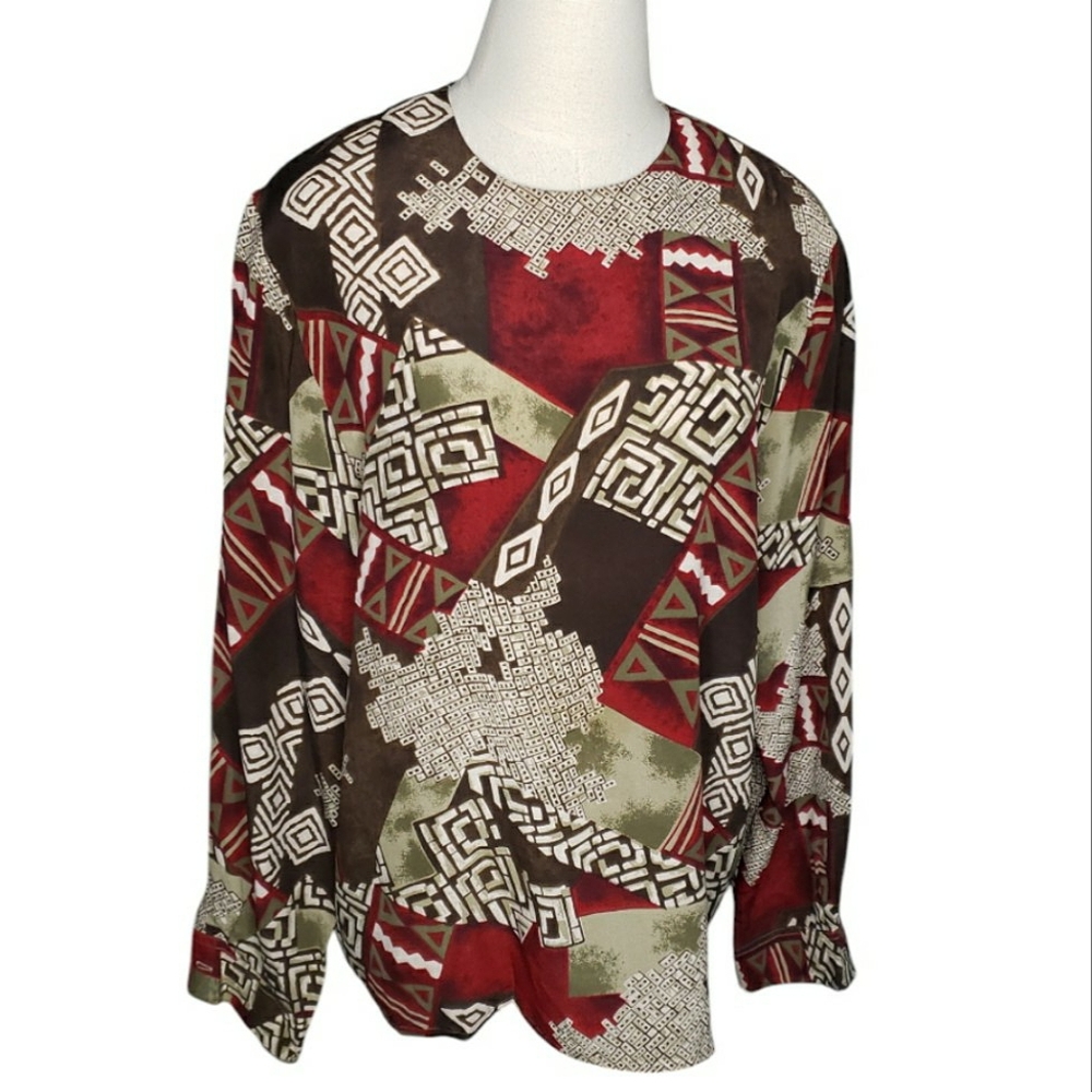 Vintage Silk Blouse Top Artsy Geometric Patterned Grandma Pop-over Long Sleeve L